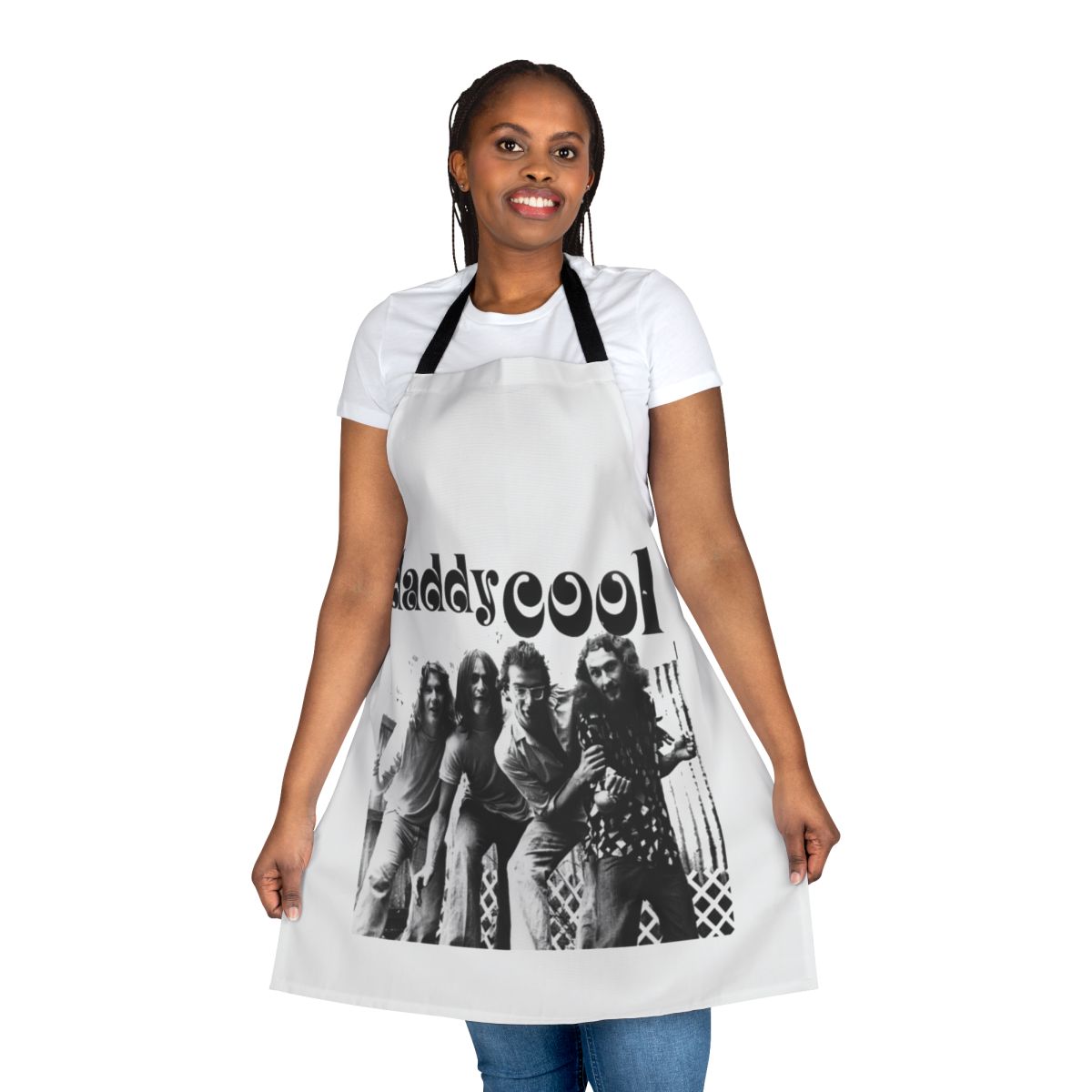 Retro-style music-themed kitchen apron featuring a guitar countdown and Australian rock bands