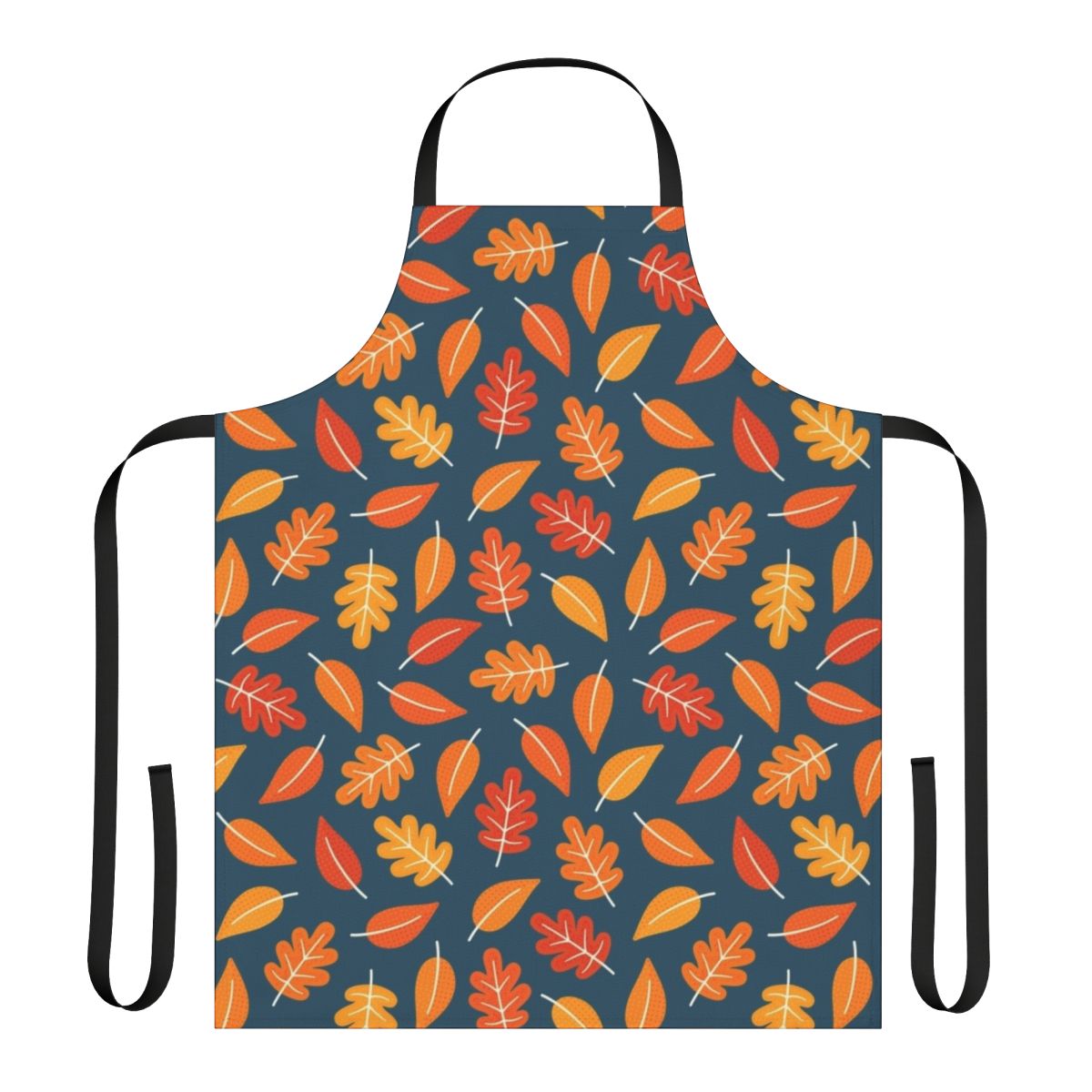 Retro-style apron featuring a pattern of autumn leaves in shades of orange, yellow, and blue on an indigo blue background.