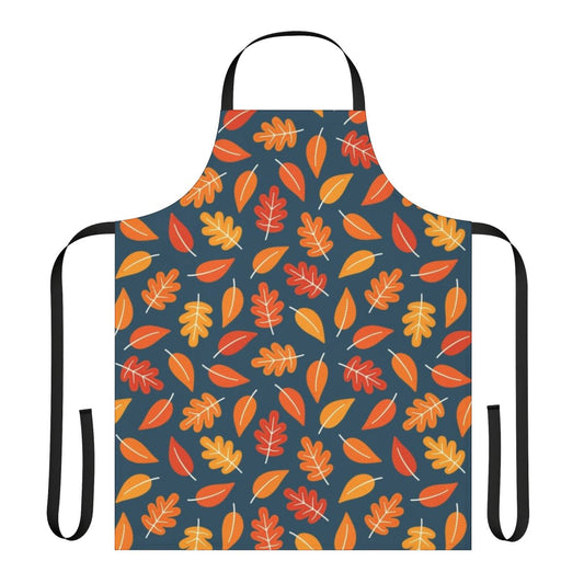 Retro-style apron featuring a pattern of autumn leaves in shades of orange, yellow, and blue on an indigo blue background.