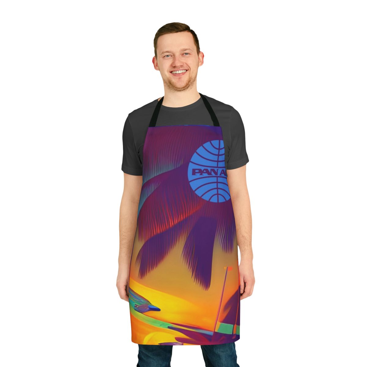 Retro aviation-themed apron with Pan Am logo and vintage airplane design