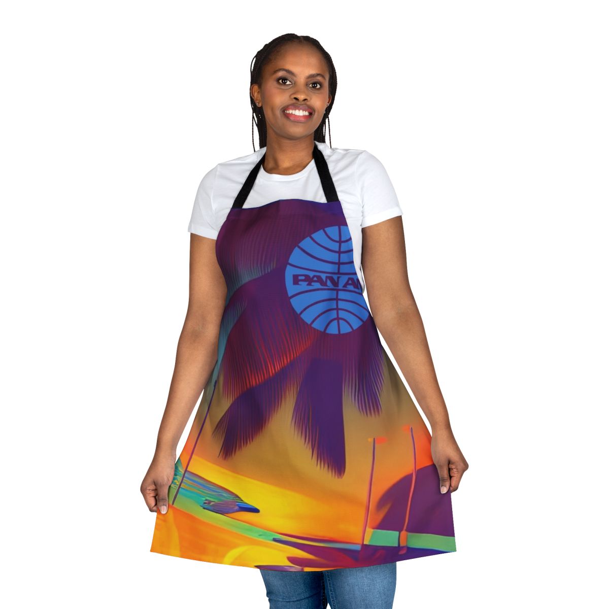 Retro aviation-themed apron with Pan Am logo and vintage airplane design