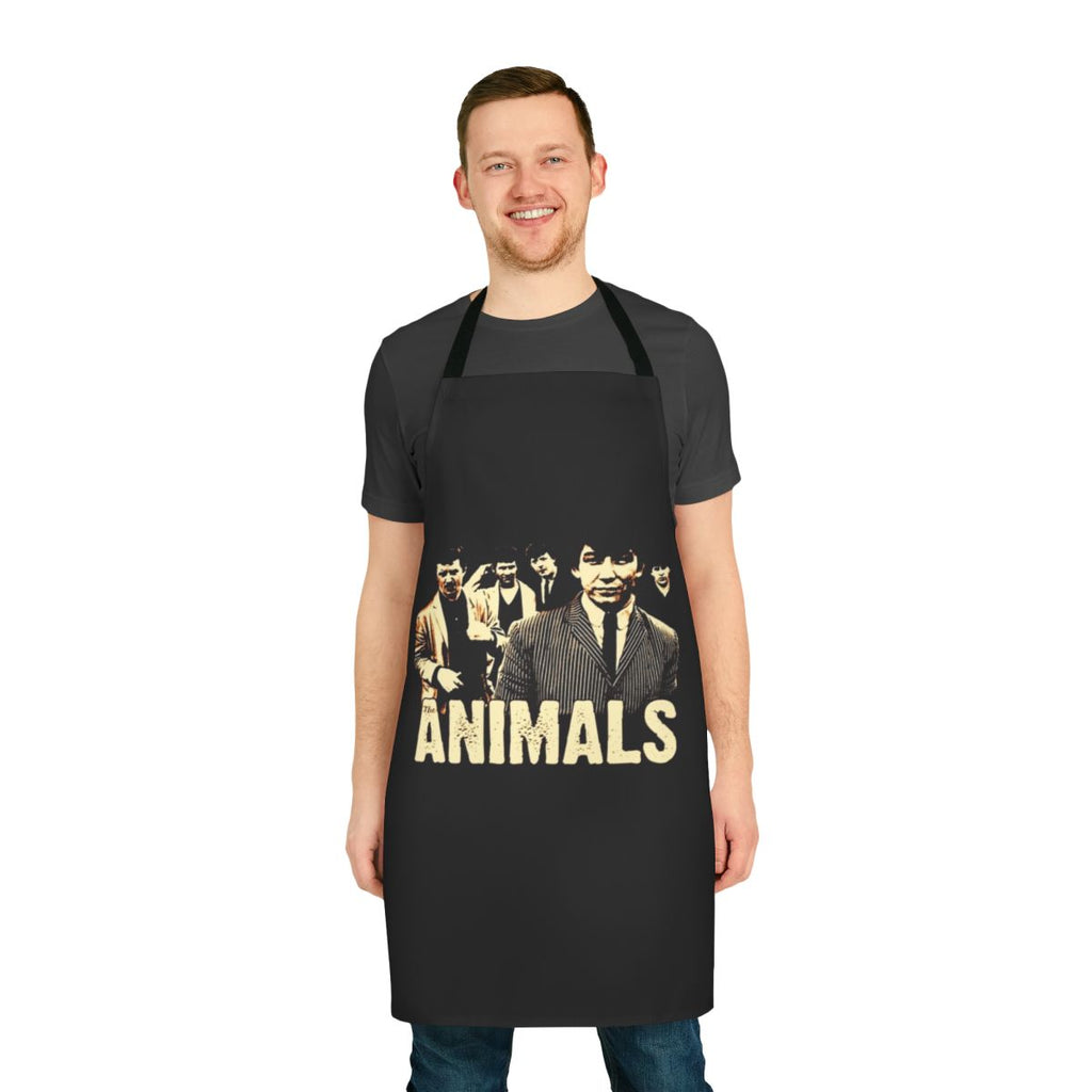 A stylish and durable apron featuring a collage of iconic rock band logos and imagery