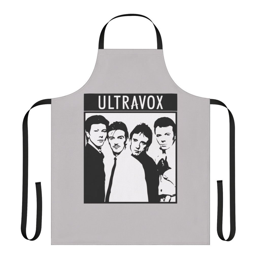 Retro band apron featuring the Ultravox logo and artwork, a nostalgic kitchen accessory for 1980s music fans.