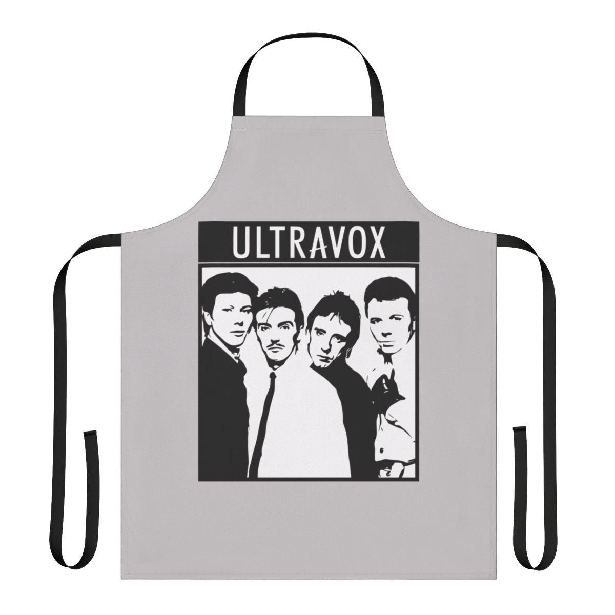 Retro band apron featuring the Ultravox logo and artwork, a nostalgic kitchen accessory for 1980s music fans.