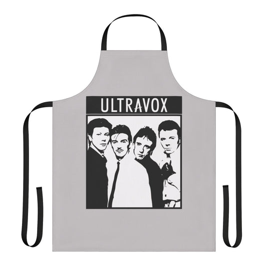 Retro band apron featuring the Ultravox logo and artwork, a nostalgic kitchen accessory for 1980s music fans.
