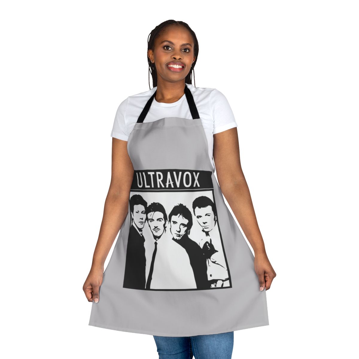 Retro band apron featuring the Ultravox logo and artwork, a nostalgic kitchen accessory for 1980s music fans.