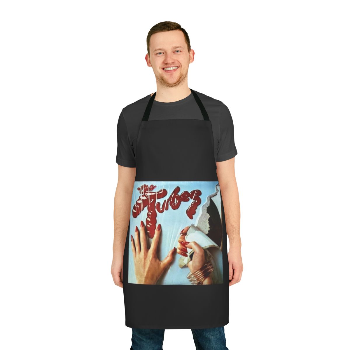 Retro band inspired apron featuring The Tubes band logo and lyrics