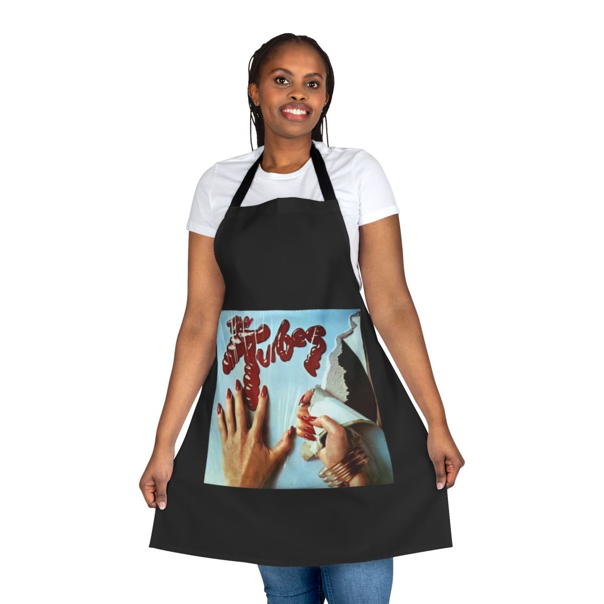 Retro band inspired apron featuring The Tubes band logo and lyrics