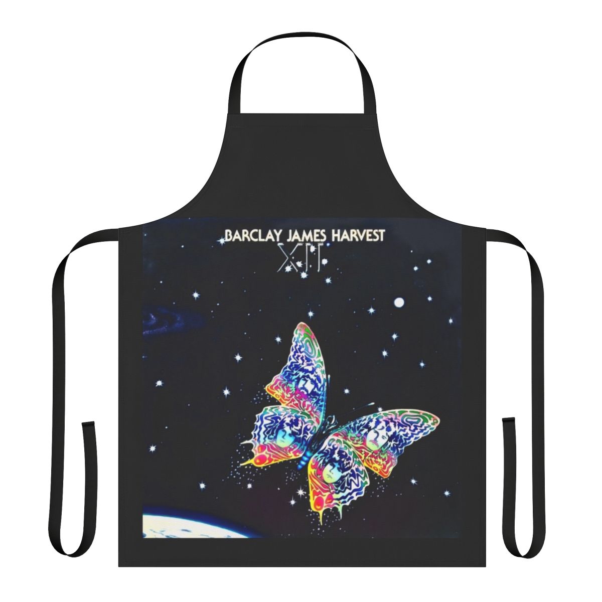 Stylized image of a retro-inspired apron featuring the Barclay James Harvest logo and design