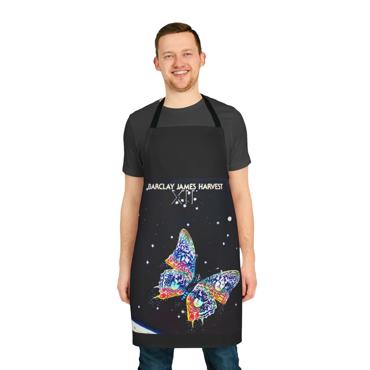 Stylized image of a retro-inspired apron featuring the Barclay James Harvest logo and design