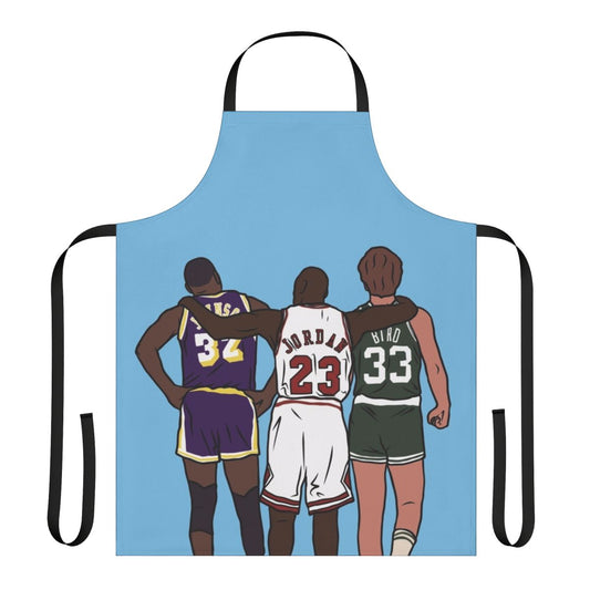 Vintage-style basketball-themed kitchen apron featuring Michael Jordan and Larry Bird