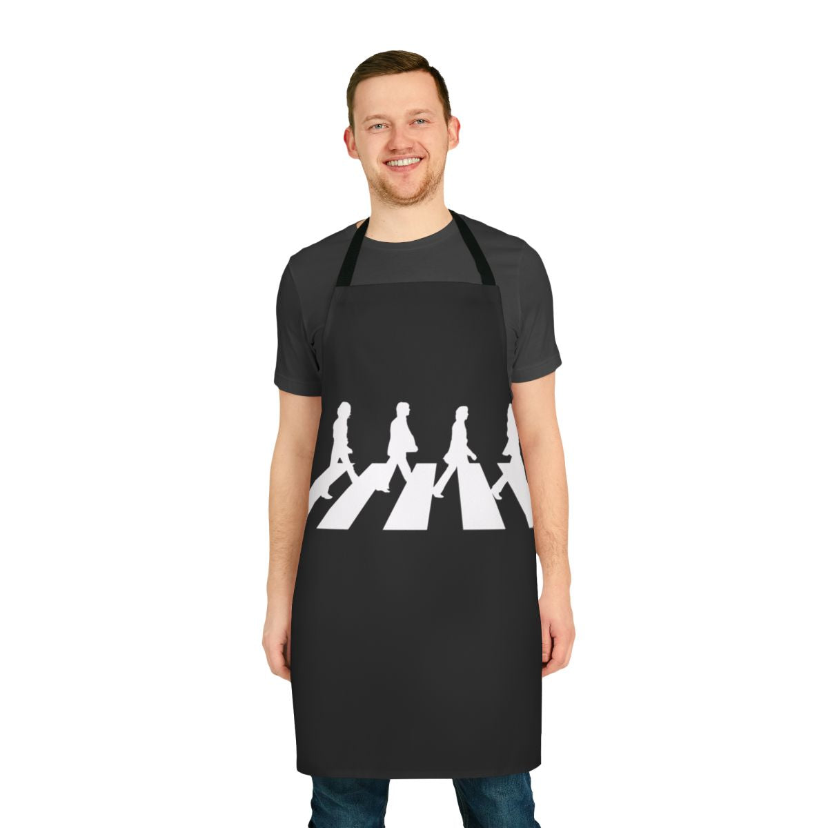Vintage-style apron featuring iconic imagery and lyrics from the Beatles' classic album Abbey Road