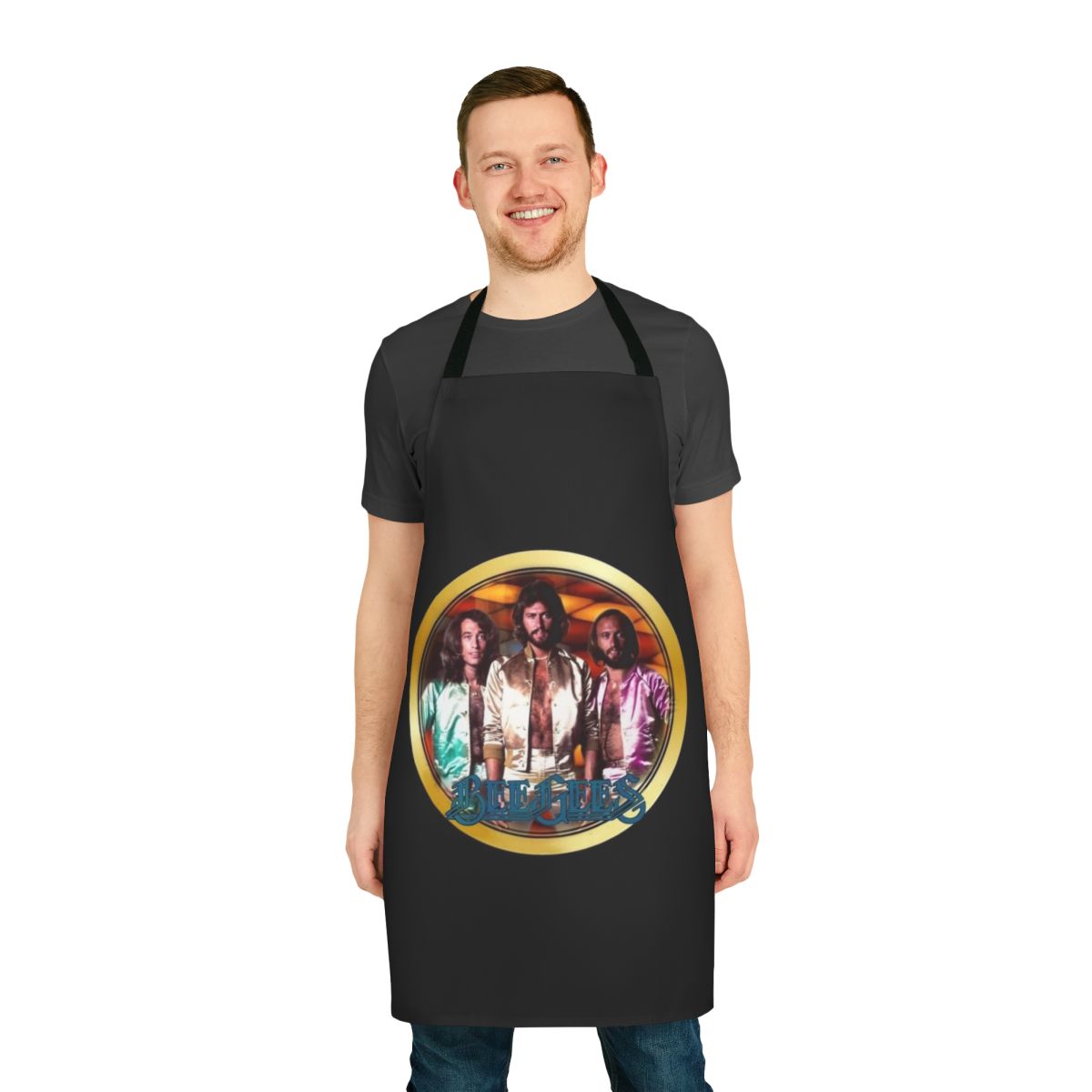 Vintage 1970s-style custom apron featuring the Bee Gees logo and design