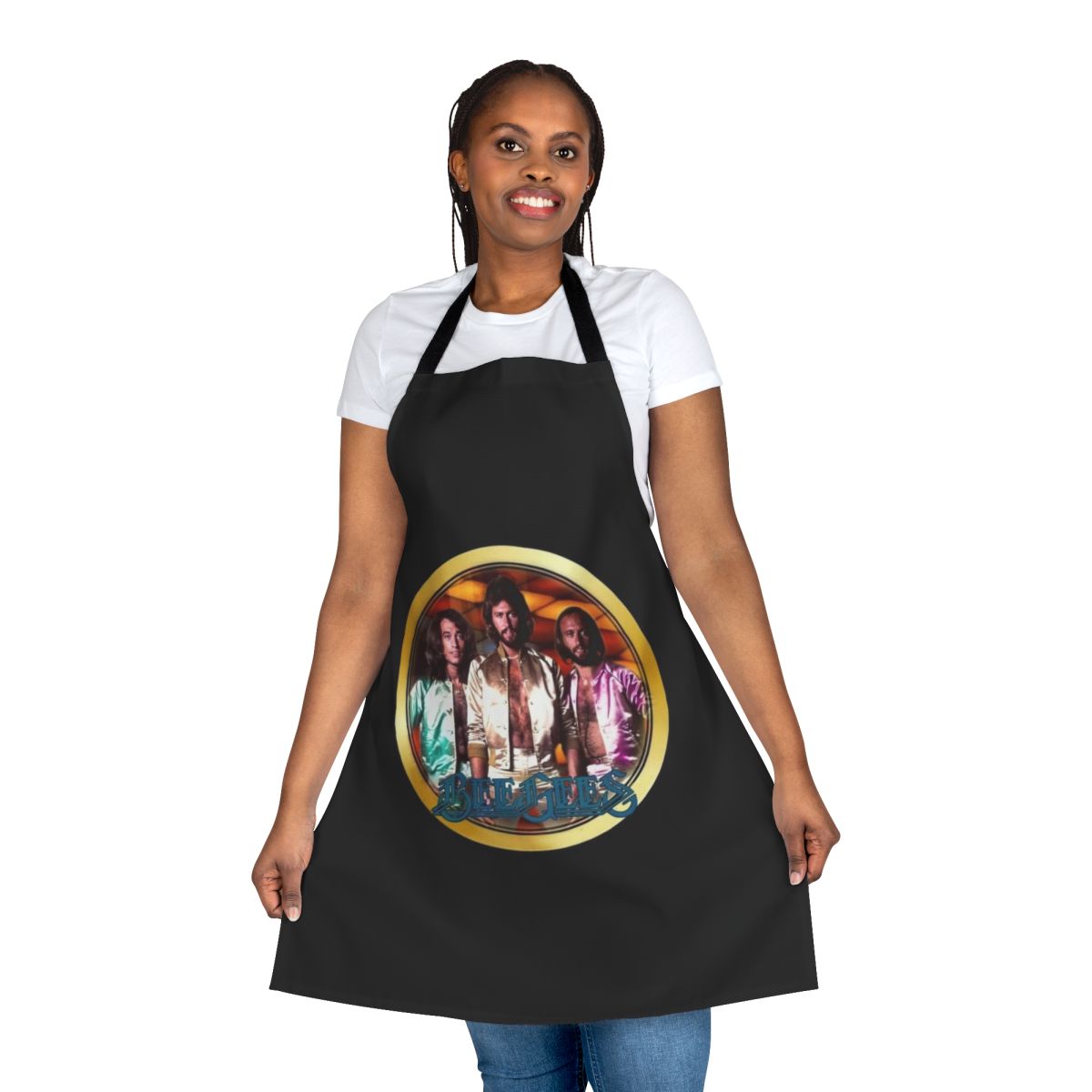 Vintage 1970s-style custom apron featuring the Bee Gees logo and design
