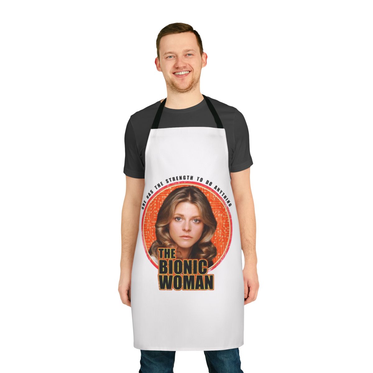 Retro-style apron inspired by the 1970s TV series "The Bionic Woman"