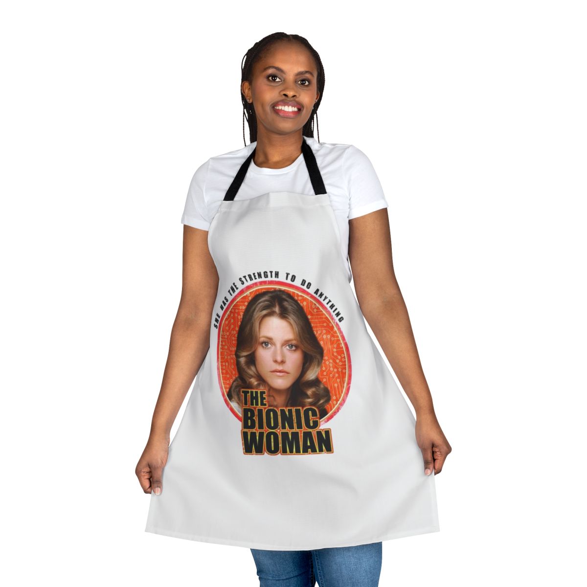 Retro-style apron inspired by the 1970s TV series "The Bionic Woman"