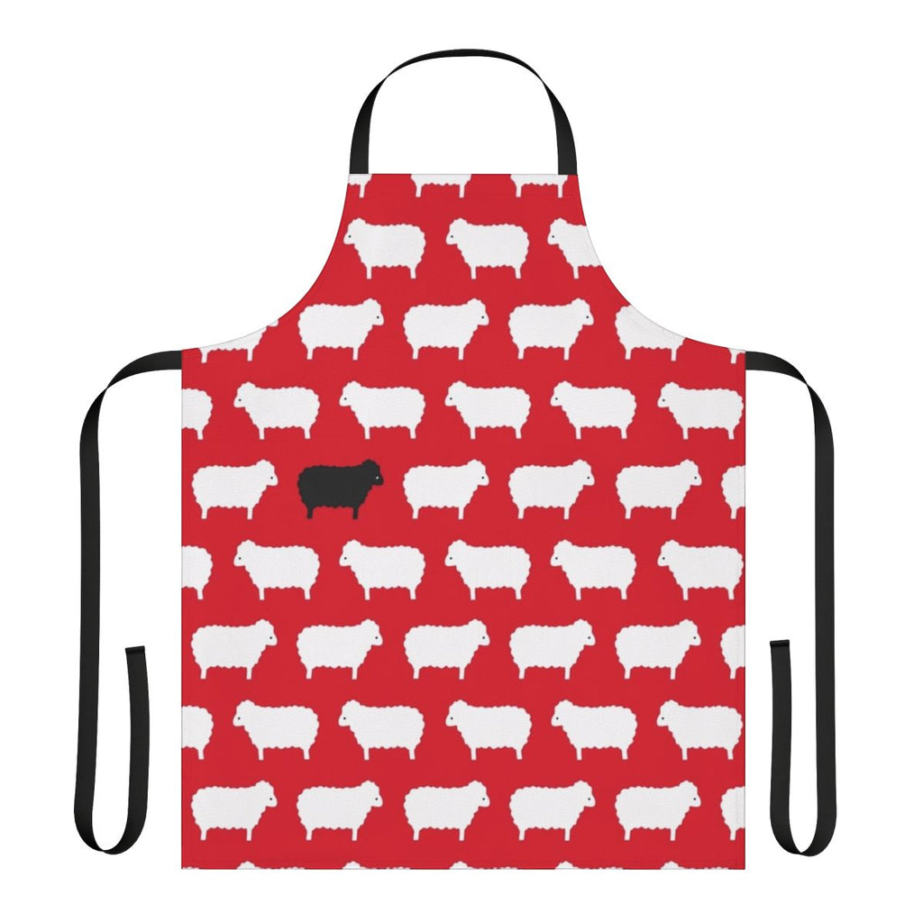 Vintage-style black and white sheep pattern apron inspired by the iconic black sheep sweater design