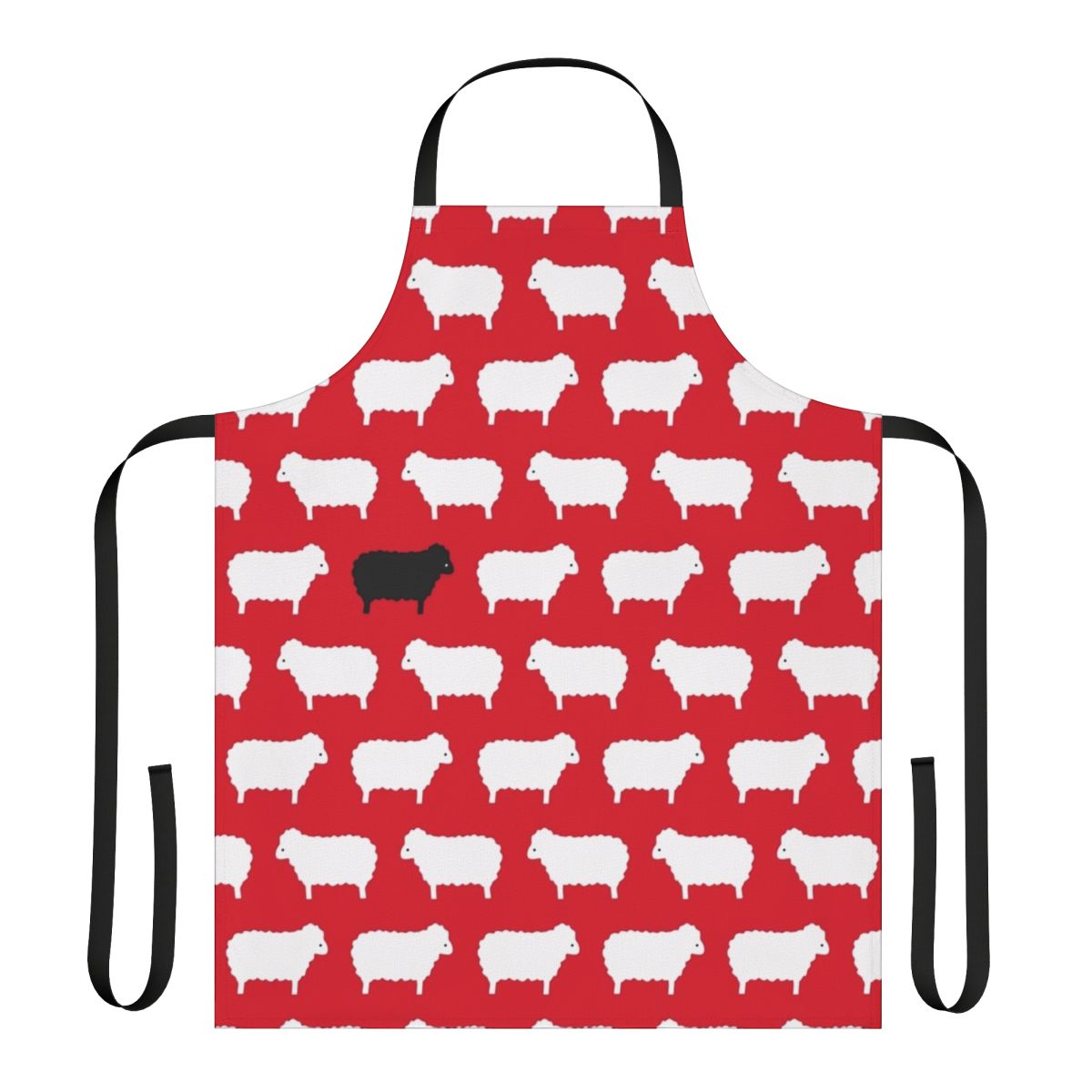 Vintage-style black and white sheep pattern apron inspired by the iconic black sheep sweater design