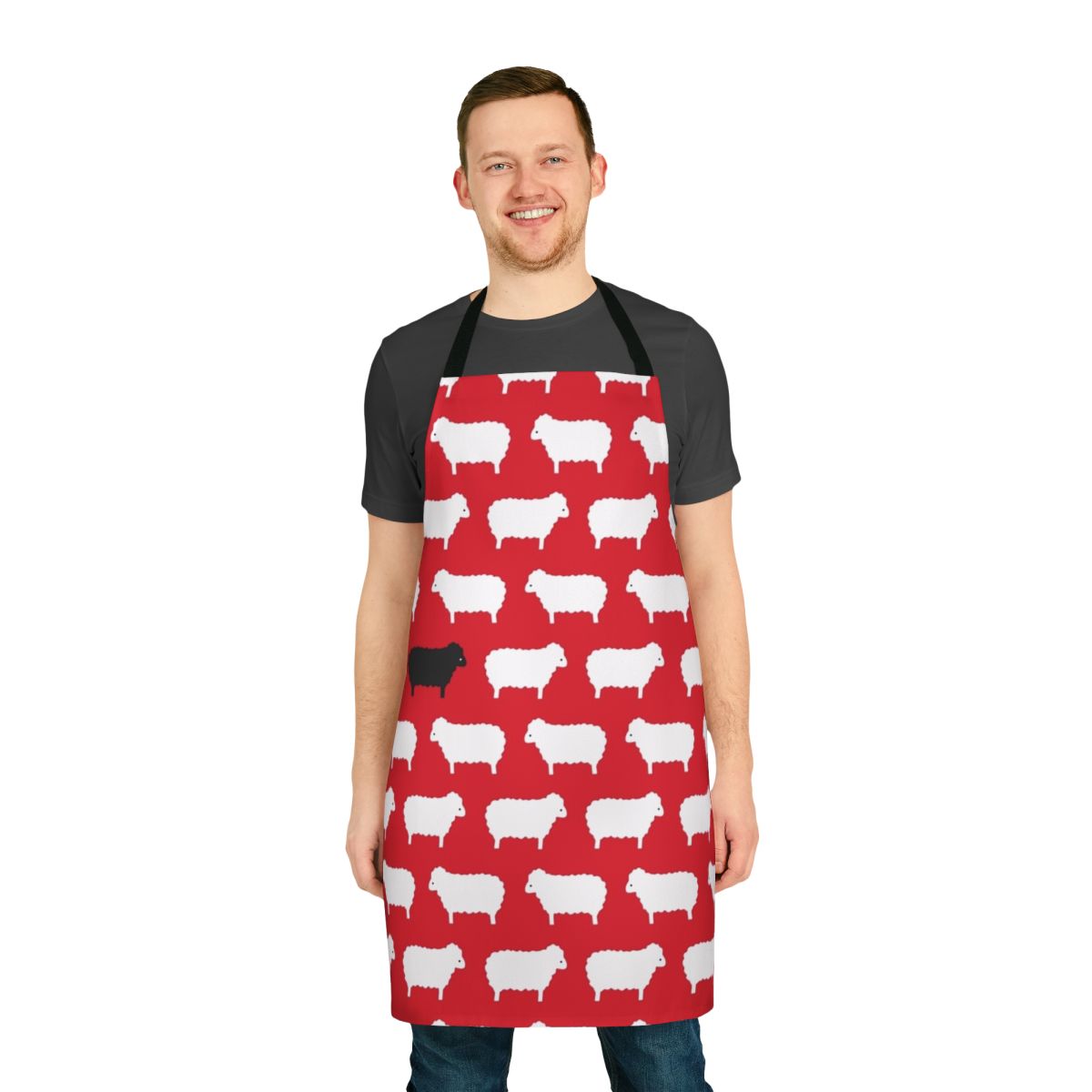 Vintage-style black and white sheep pattern apron inspired by the iconic black sheep sweater design