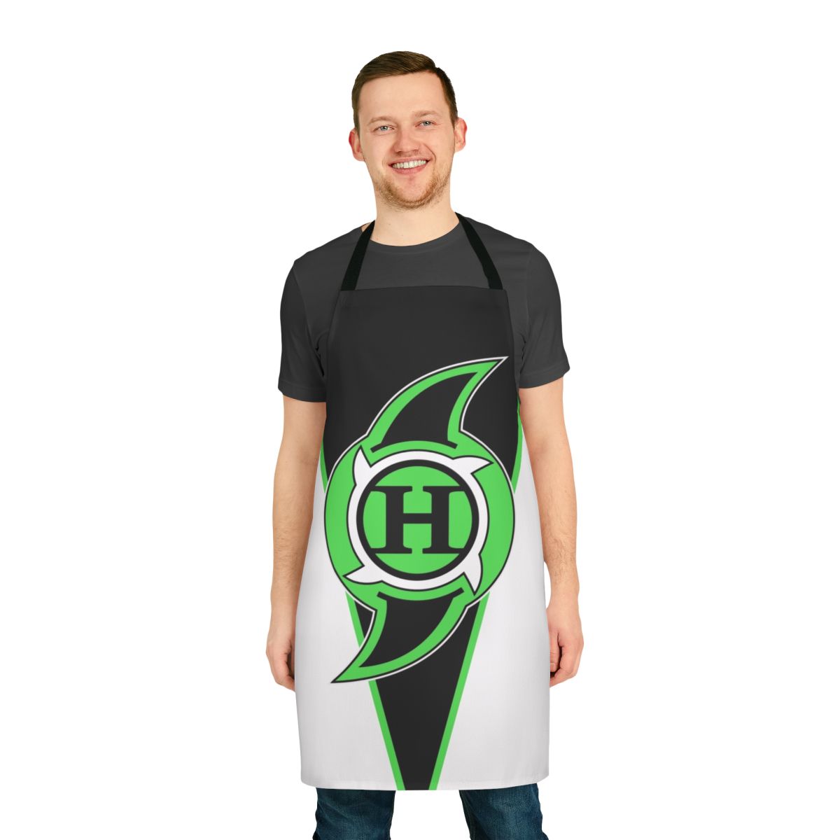 Retro blue apron featuring a wrestling-inspired design