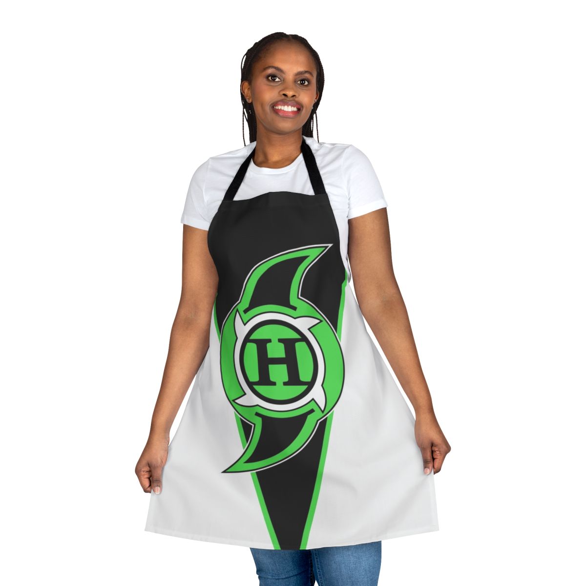 Retro blue apron featuring a wrestling-inspired design