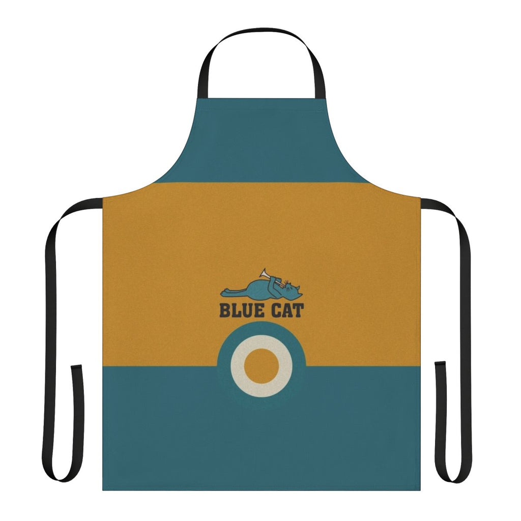 Blue cat-themed apron with retro music-inspired design