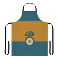 Blue cat-themed apron with retro music-inspired design