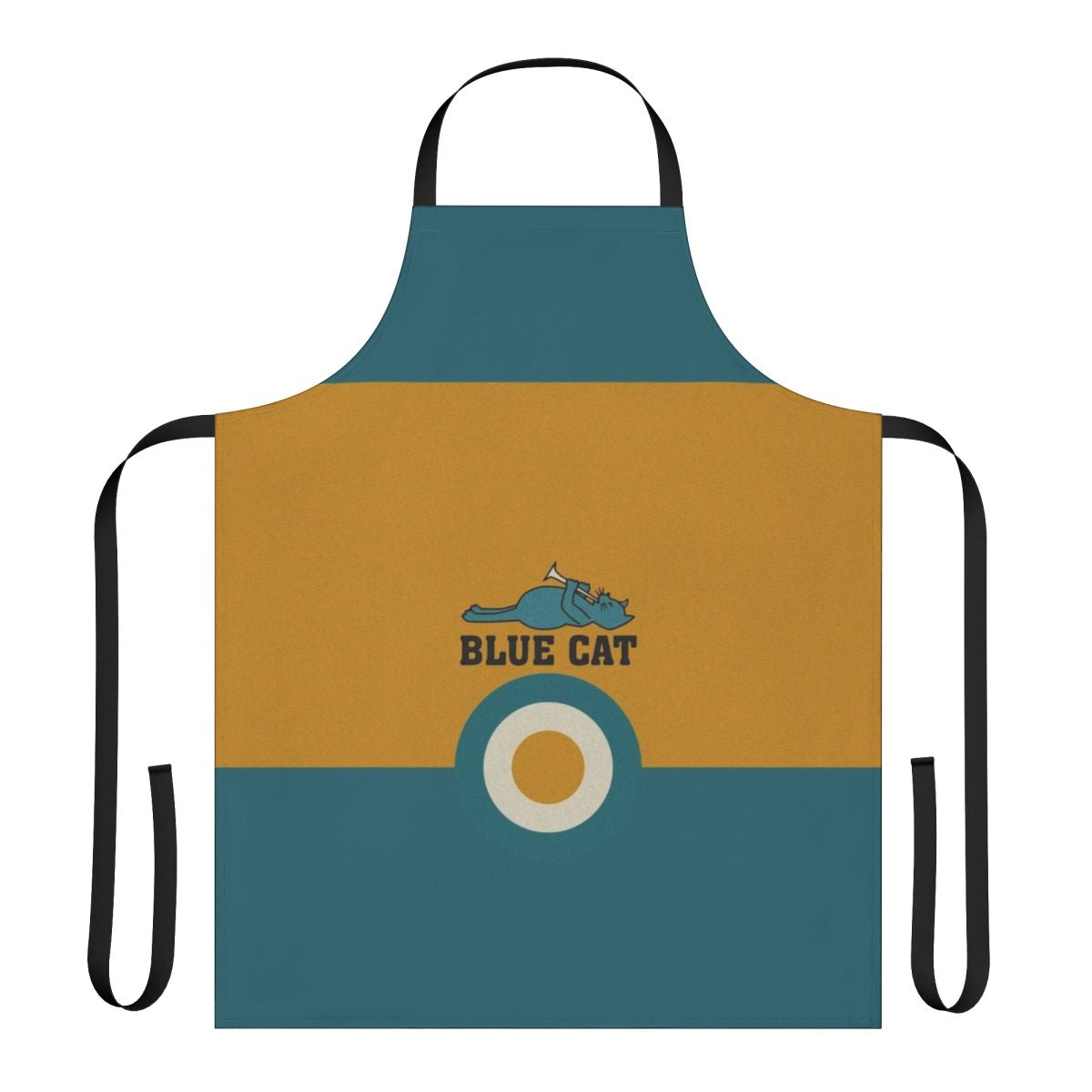 Blue cat-themed apron with retro music-inspired design
