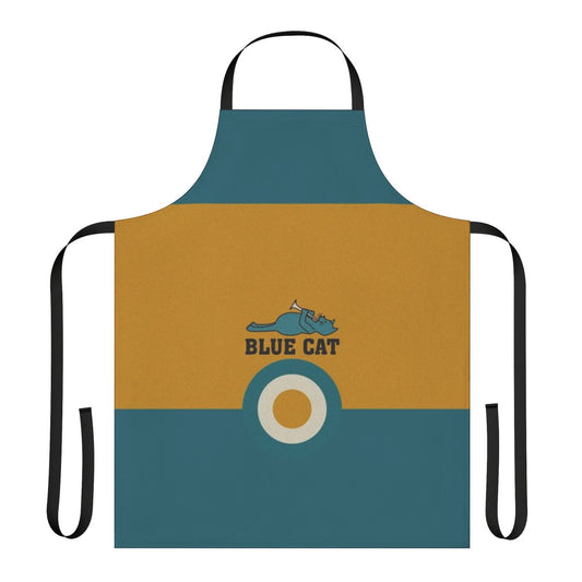 Blue cat-themed apron with retro music-inspired design