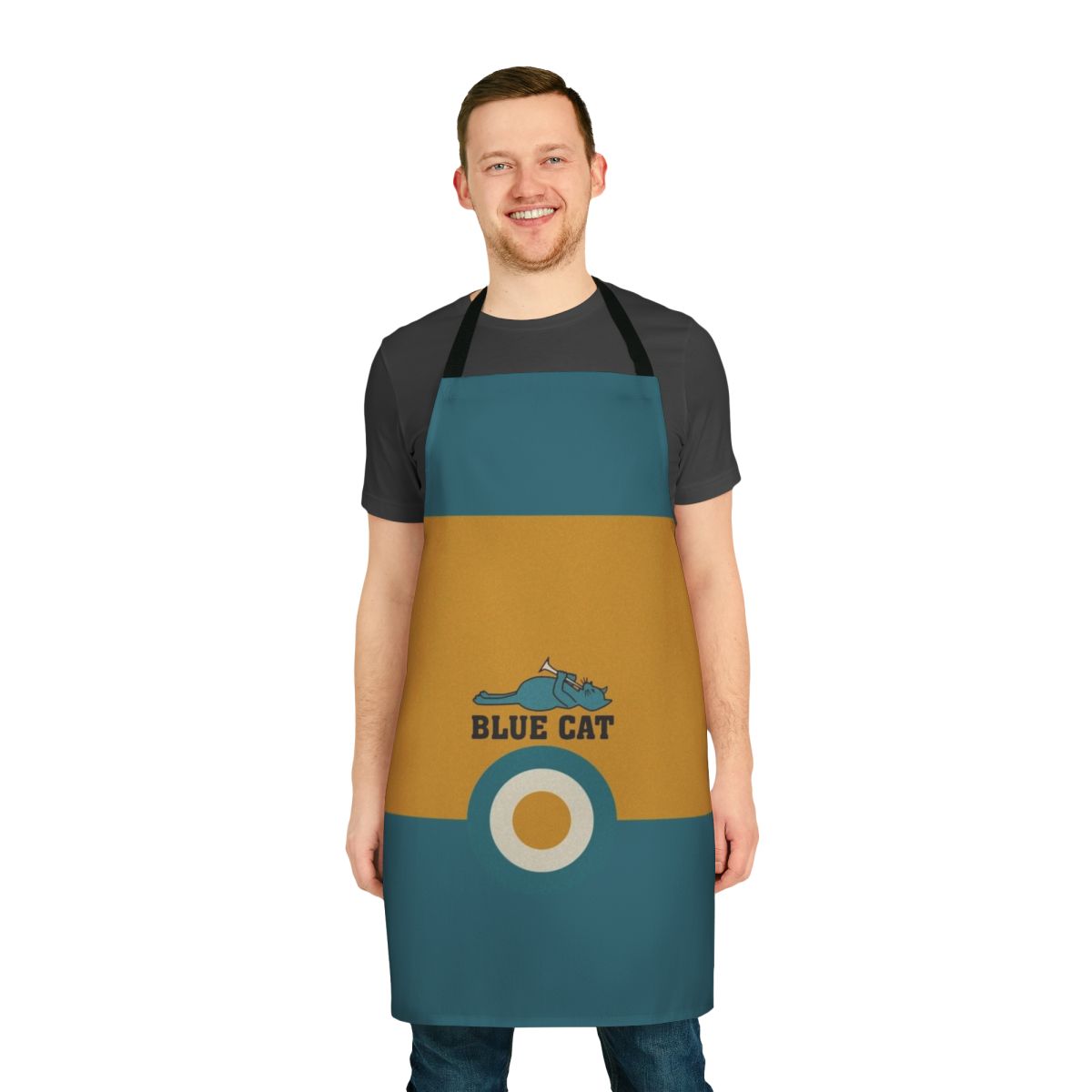 Blue cat-themed apron with retro music-inspired design