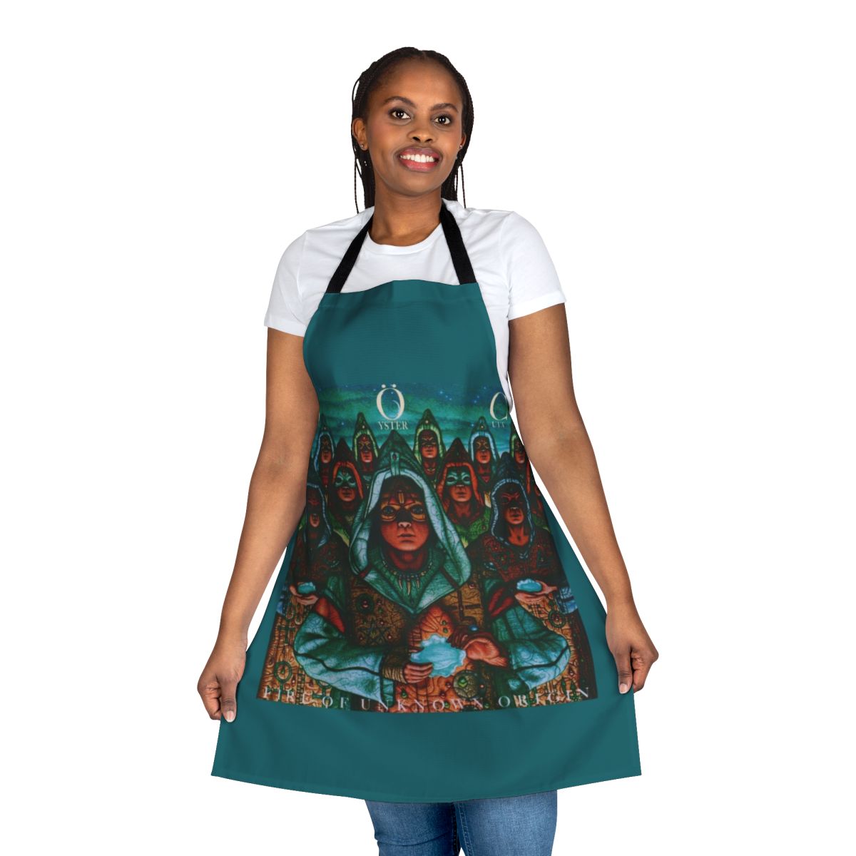 Blue Oyster Cult 'Fire of Unknown Origin' album art printed on a high-quality kitchen apron