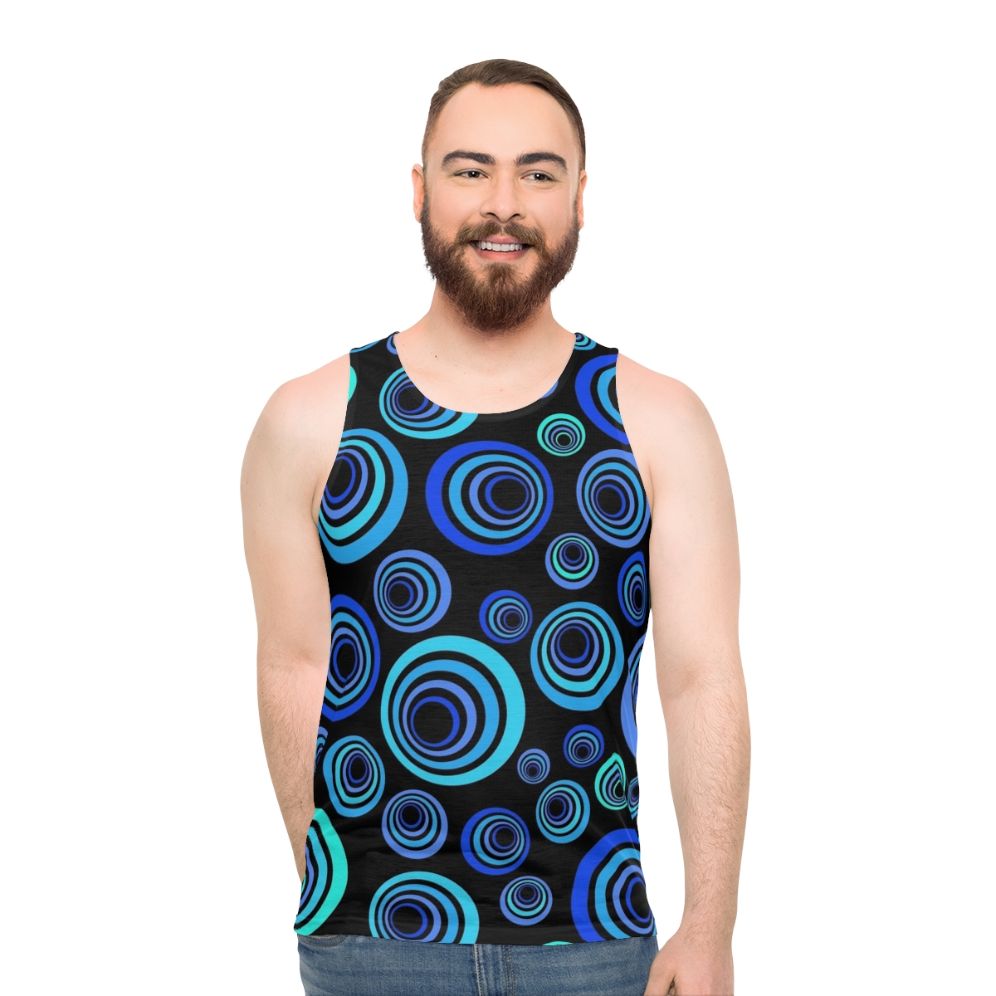Retro blue unisex tank top with pop art pattern design