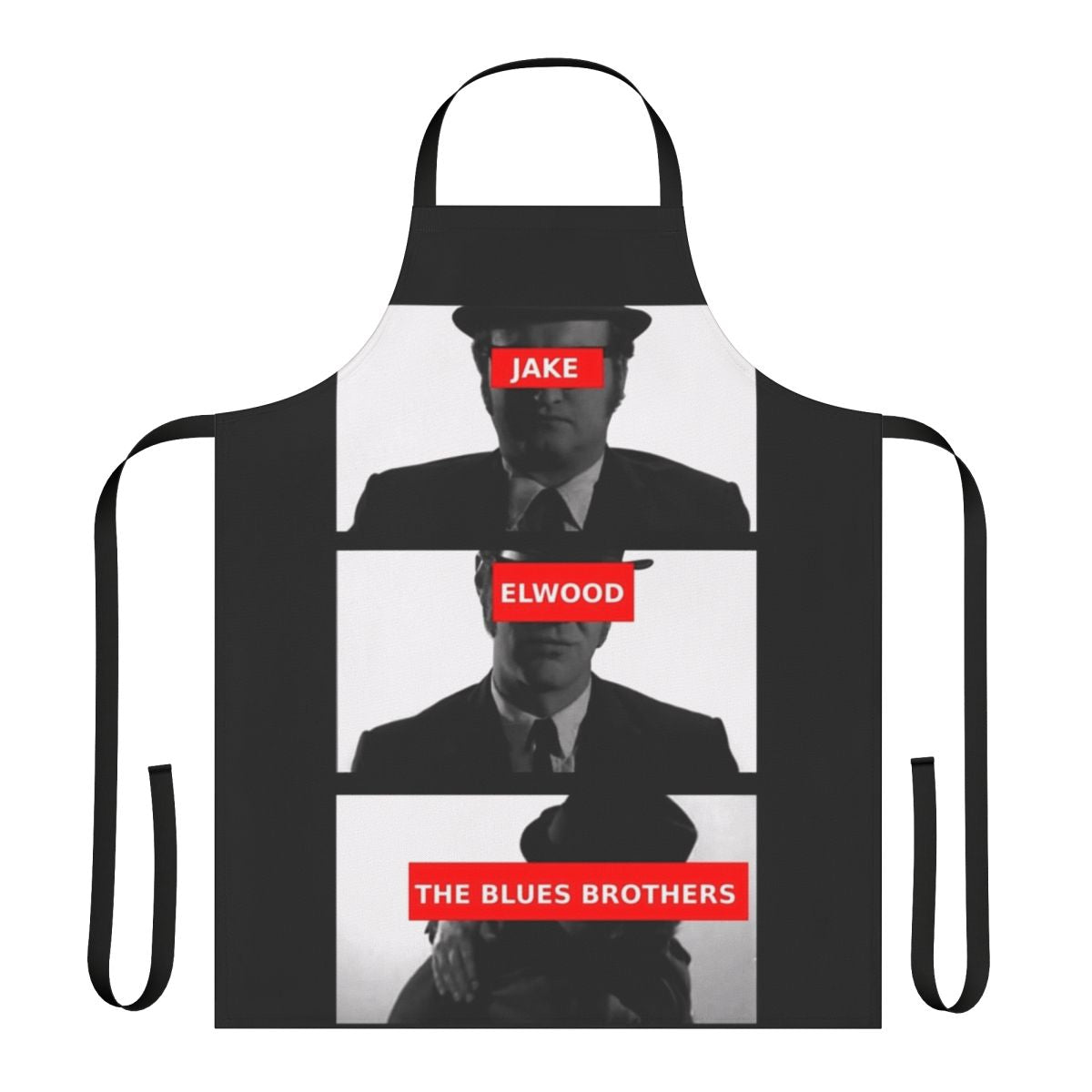 A stylish apron featuring the iconic Blues Brothers duo, Jake and Elwood Blues.