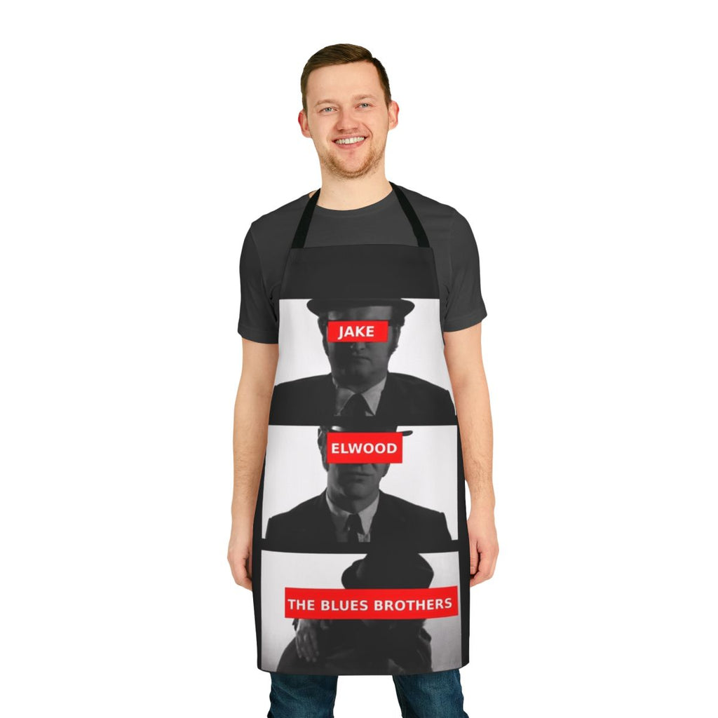 A stylish apron featuring the iconic Blues Brothers duo, Jake and Elwood Blues.
