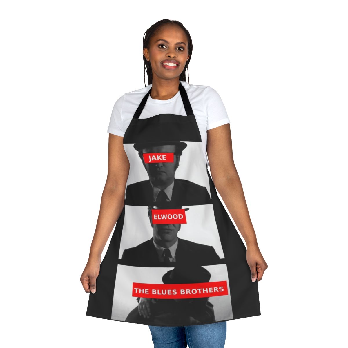 A stylish apron featuring the iconic Blues Brothers duo, Jake and Elwood Blues.