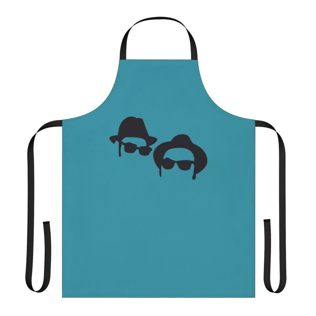 A black and white apron featuring the iconic Blues Brothers characters Elwood and Jake
