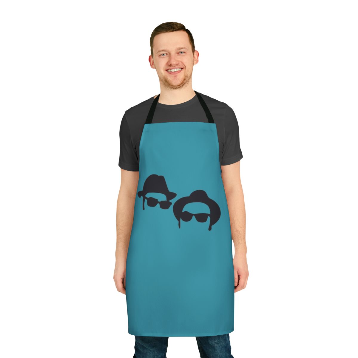 A black and white apron featuring the iconic Blues Brothers characters Elwood and Jake
