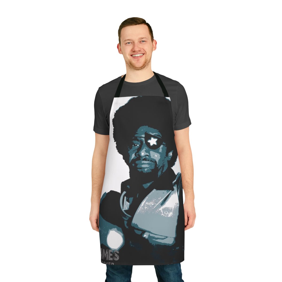 Retro-style apron featuring a blues musician design
