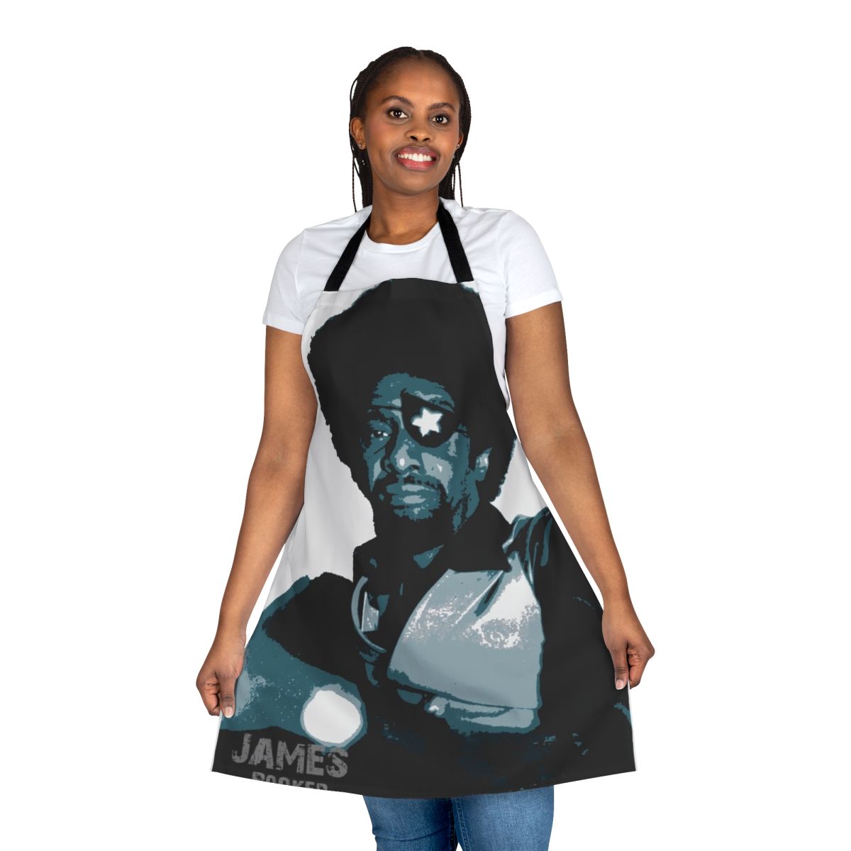 Retro-style apron featuring a blues musician design
