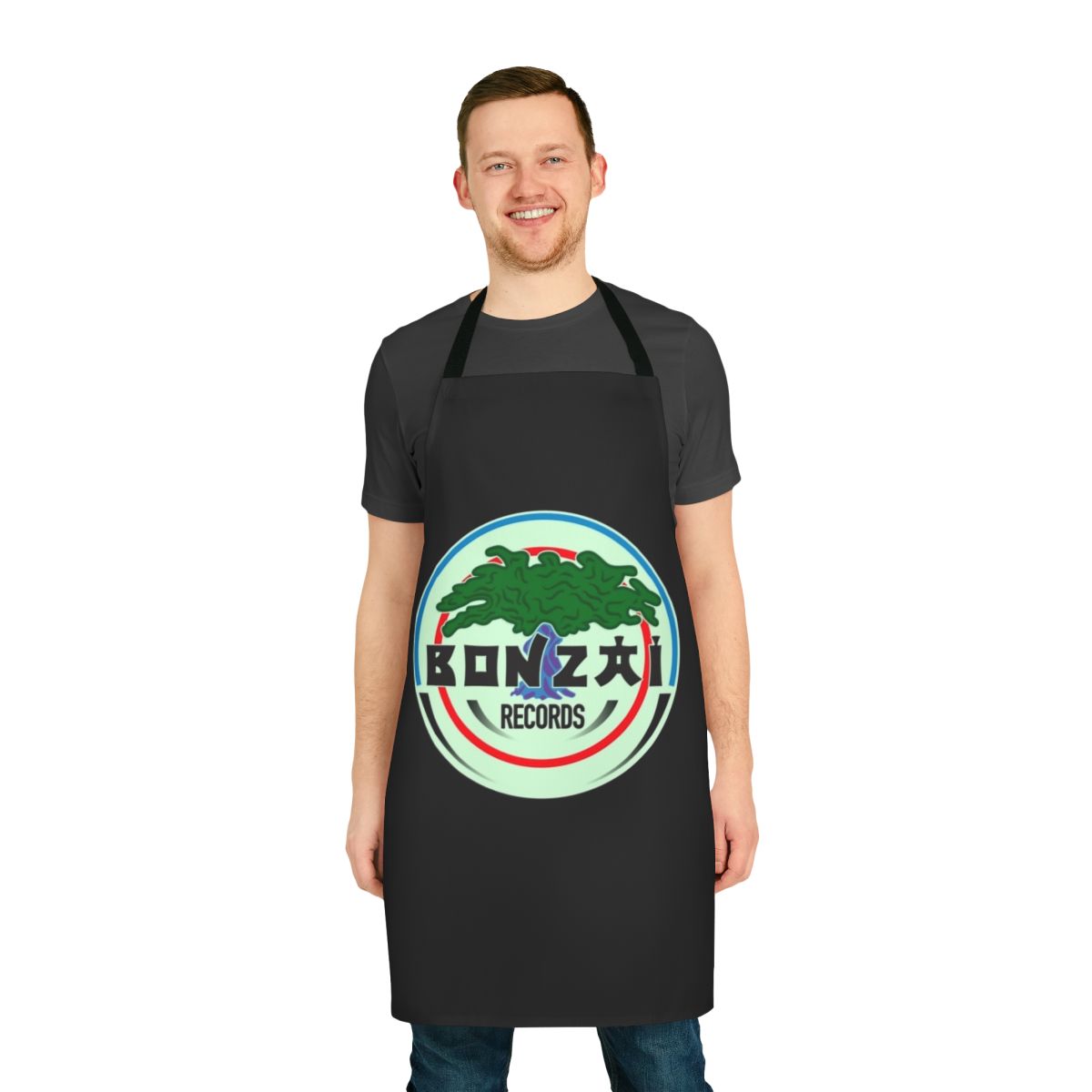 Bonzai Records-inspired apron with 90s electronic music and rave fashion design elements