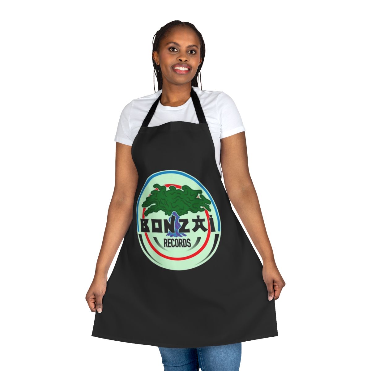 Bonzai Records-inspired apron with 90s electronic music and rave fashion design elements