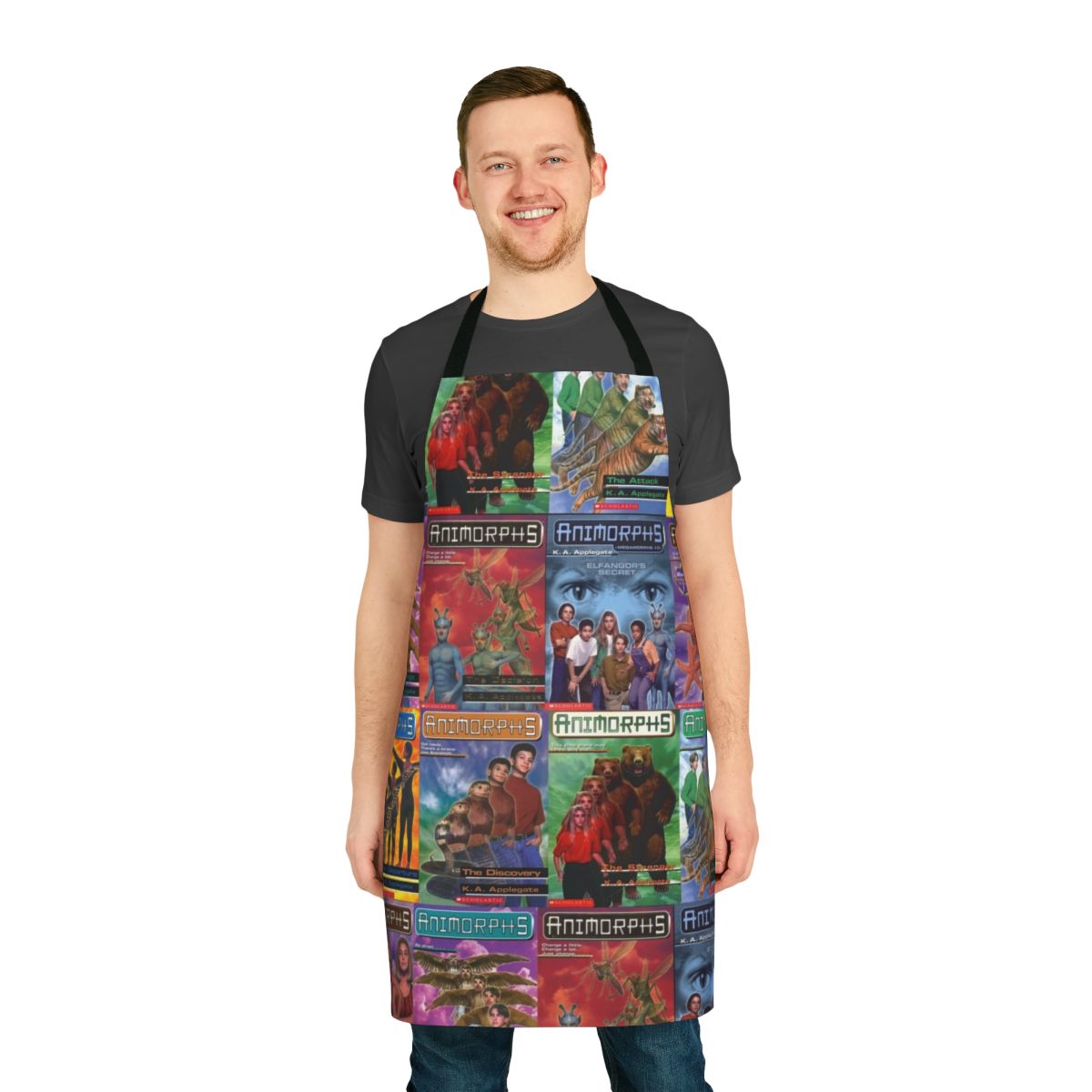 Apron with tiled design of retro Animorphs book covers