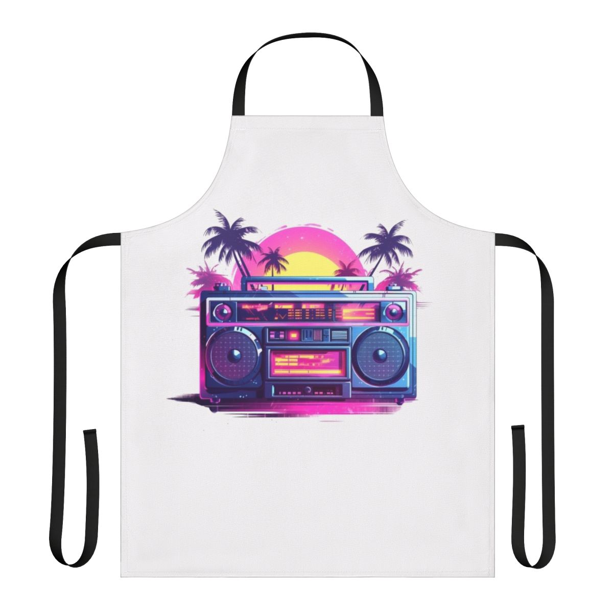 Colorful and vibrant Miami-style boombox apron with palm trees and retro 80s vibe