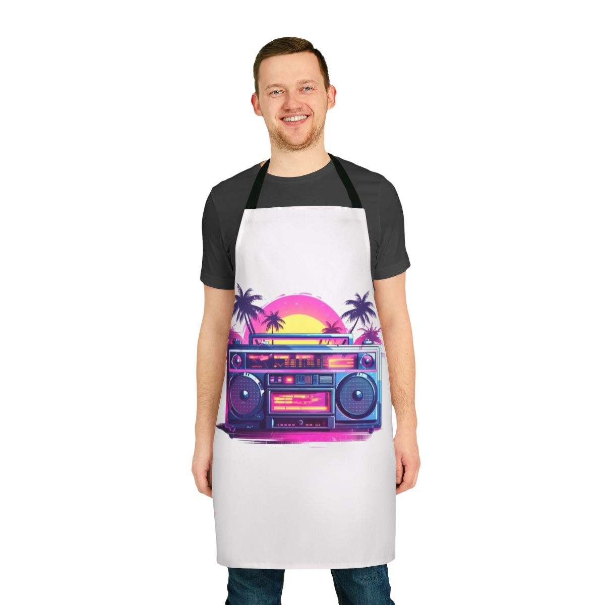 Colorful and vibrant Miami-style boombox apron with palm trees and retro 80s vibe