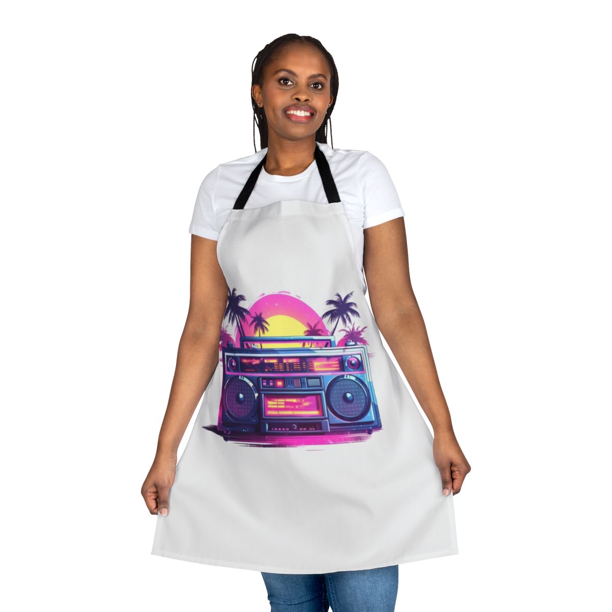 Colorful and vibrant Miami-style boombox apron with palm trees and retro 80s vibe