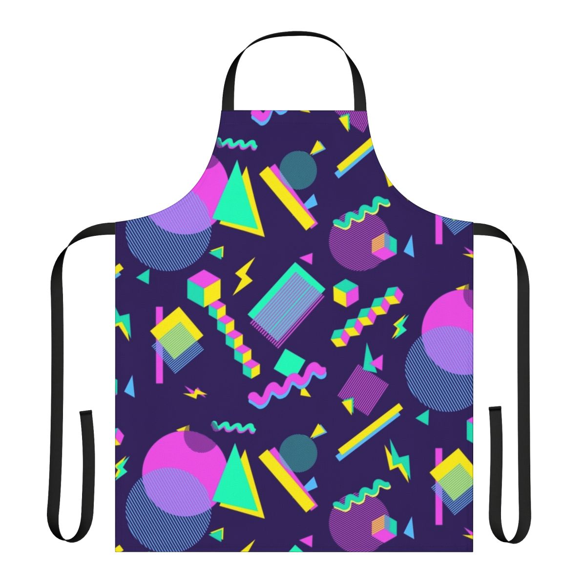 Retro bowling alley inspired aesthetic apron with vibrant purple, geometric shapes, and a vintage vaporwave style.