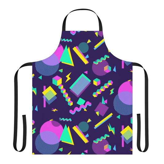 Retro bowling alley inspired aesthetic apron with vibrant purple, geometric shapes, and a vintage vaporwave style.