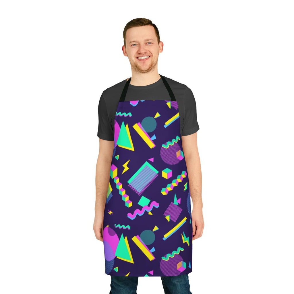 Retro bowling alley inspired aesthetic apron with vibrant purple, geometric shapes, and a vintage vaporwave style.