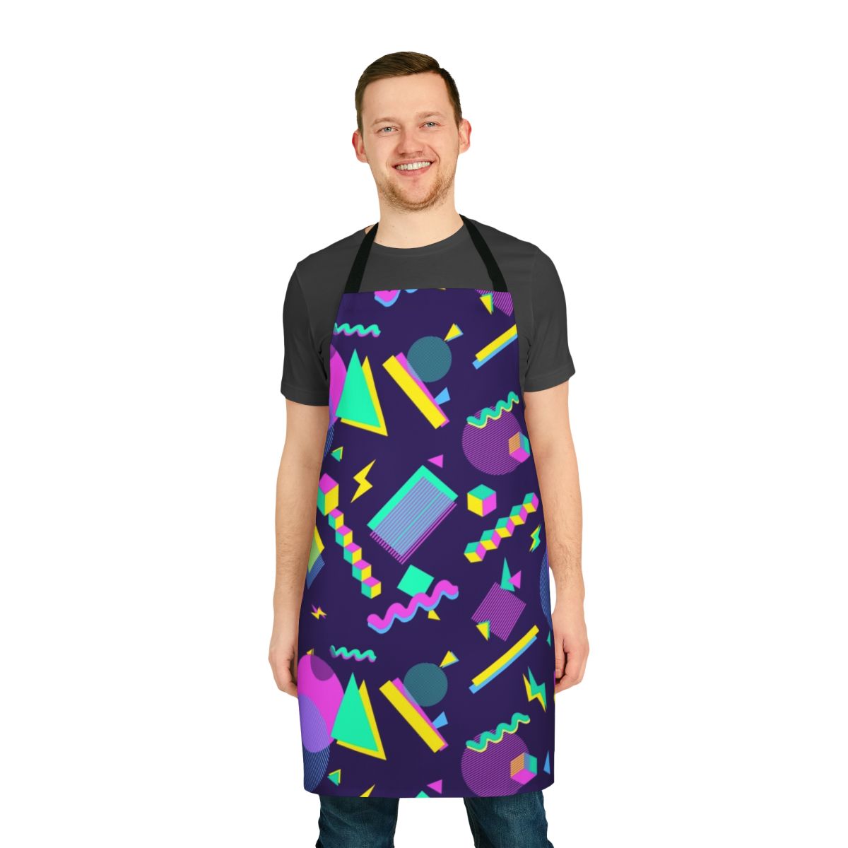 Retro bowling alley inspired aesthetic apron with vibrant purple, geometric shapes, and a vintage vaporwave style.