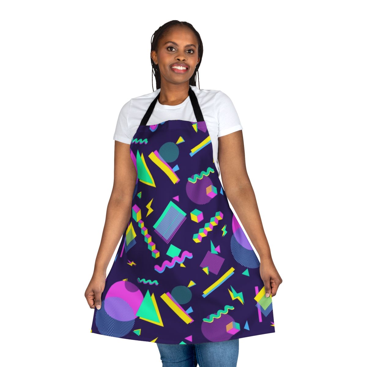Retro bowling alley inspired aesthetic apron with vibrant purple, geometric shapes, and a vintage vaporwave style.